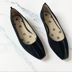 Boden Black Suede Patten Leather Square Toe Flats